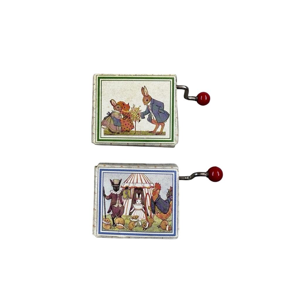 Lot 2 VTG Sankyo Hand Crank Music Boxes Little Grey Rabbit Chim Chim Talk Animal